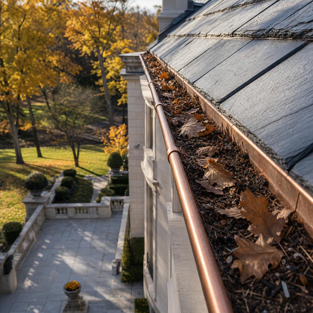 Angled view along the slate roofline of a luxury estate, copper gutter packed with fallen autumn leaves before cleaning