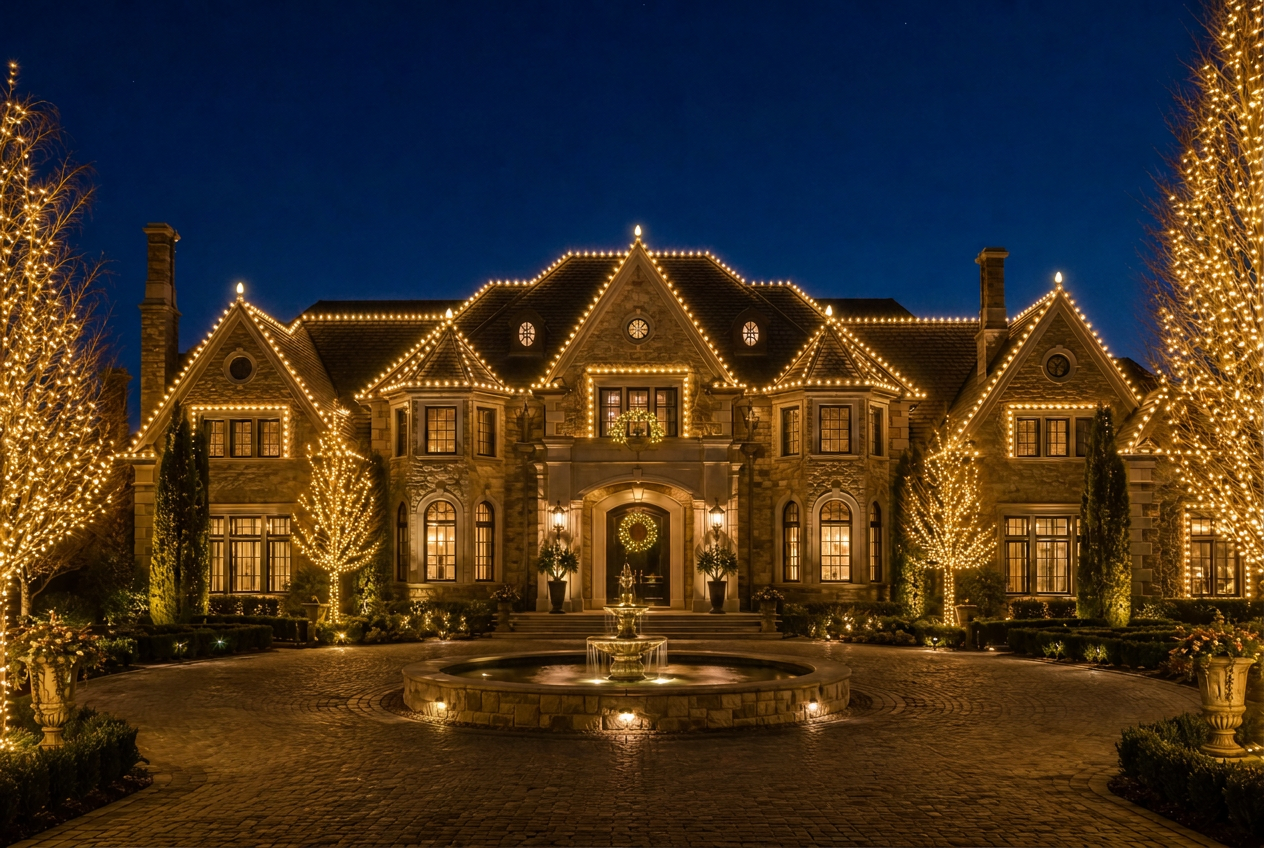 Grand stone estate at night with warm white Christmas lights outlining every roofline, wrapped trees, and illuminated entry wreaths