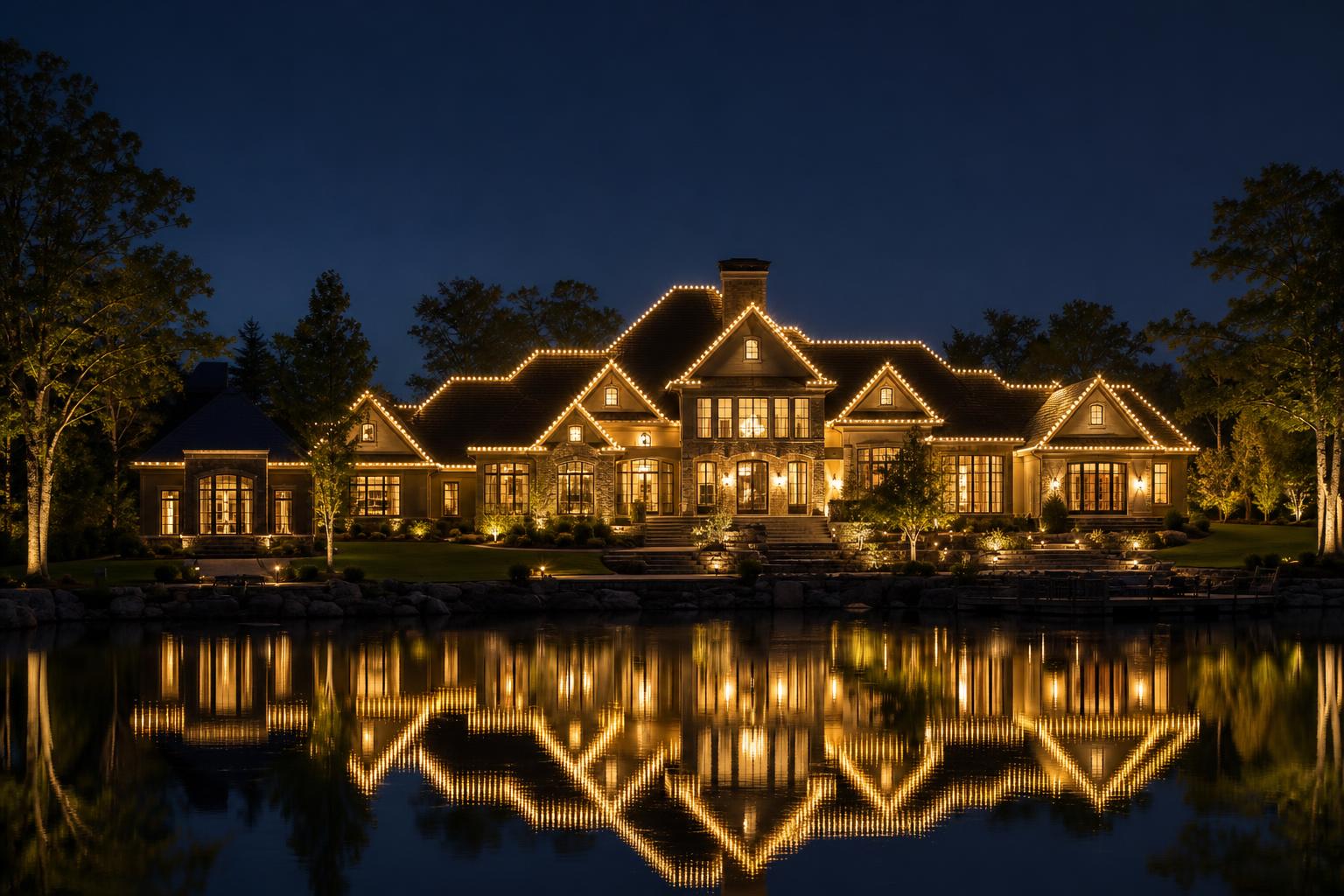 Distant lakeside estate illuminated with uniform warm white roofline lights at night